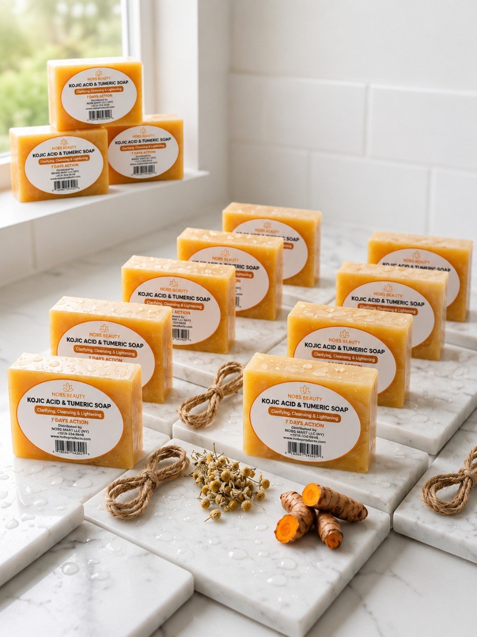Multiple bars of Kojic Aloe & Turmeric Soap arranged on white marble tiles in a bright bathroom-like setting, with small props including dried flowers, twine, and turmeric roots.